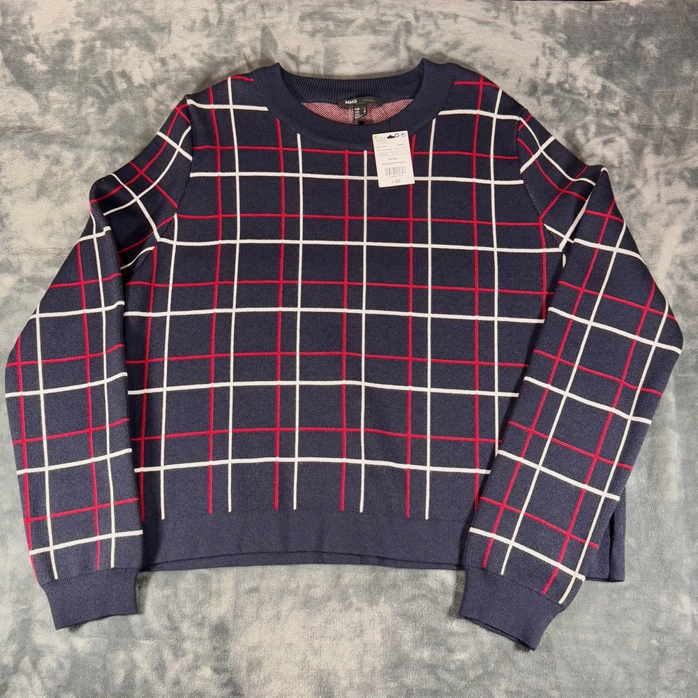 MNG Mango Casual Plaid Knit Cropped Sweater Womens M Blue, Red, White NWT